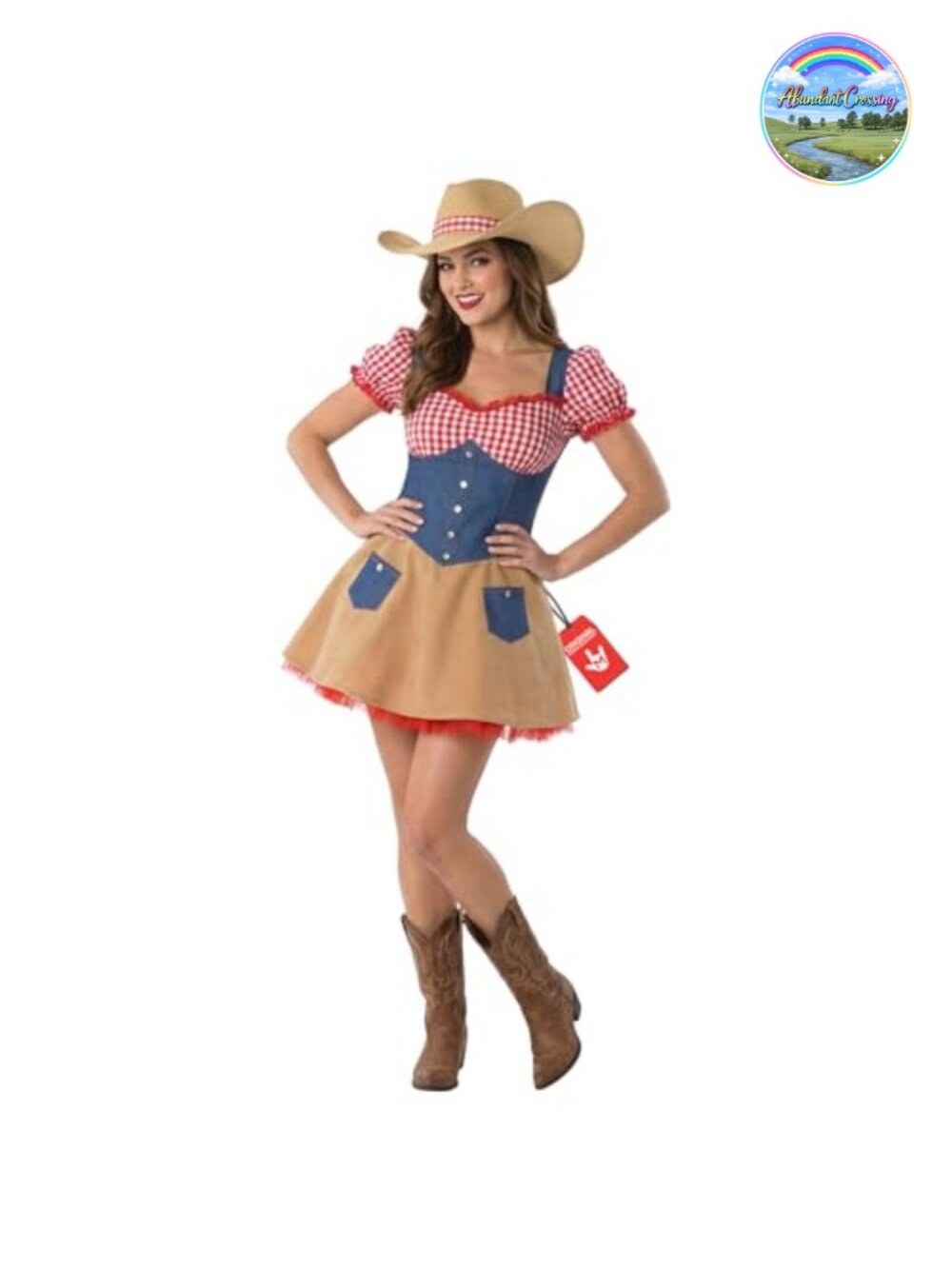 Women's Cowgirl Costume Gingham Puff Sleeve Dress with Hat